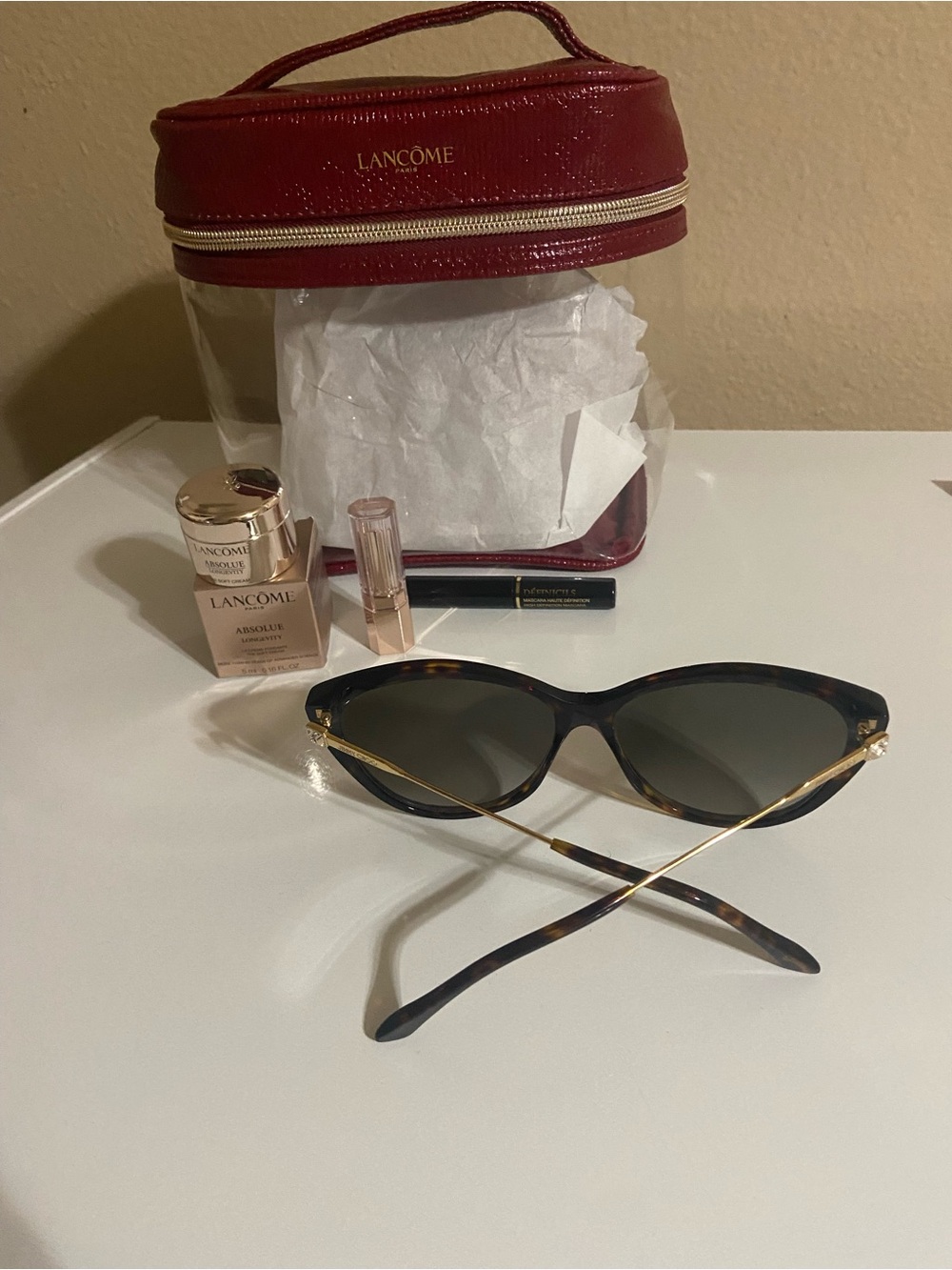 Jimmy Choo Sunglasses and Red Clear Lancome Cosmetic Travel makeup case
